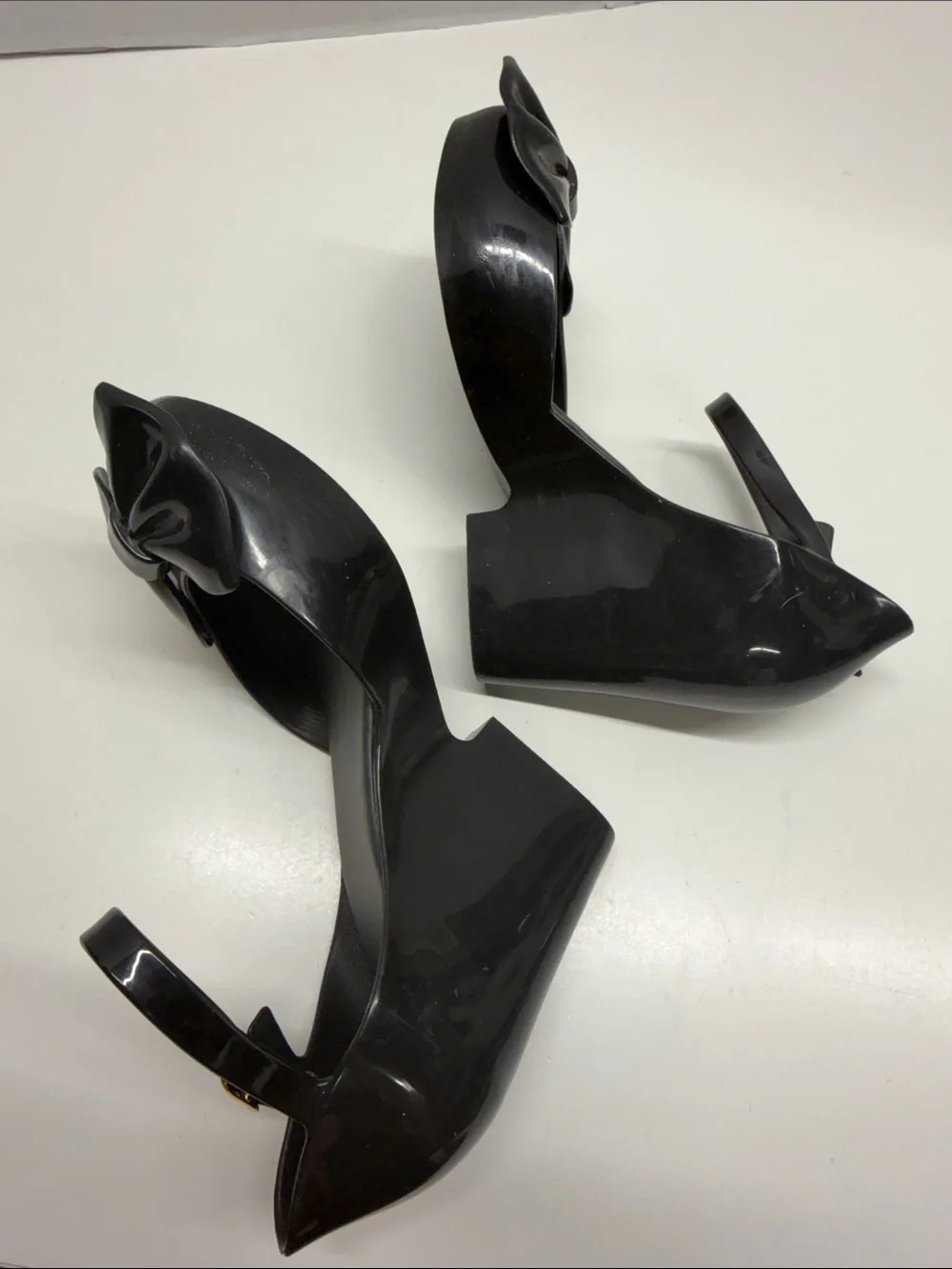 Melissa Lady Love III Heels Wedges Shoes Bow Peep Toe PVC Shiny Black Size 6